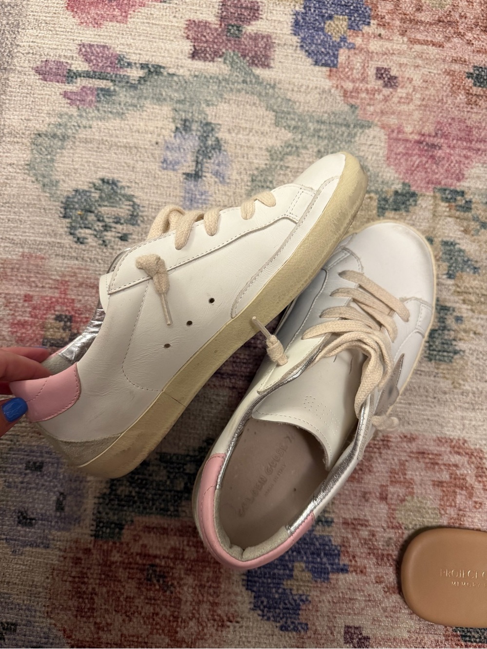 Golden Goose White Leather Sneakers with Pink Heel and Silver Accent